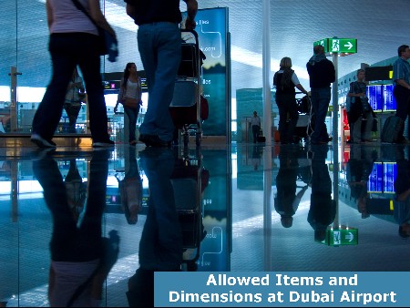 Highlighting Dubai Airport's item regulations, the image shows travelers with luggage moving towards check-in.