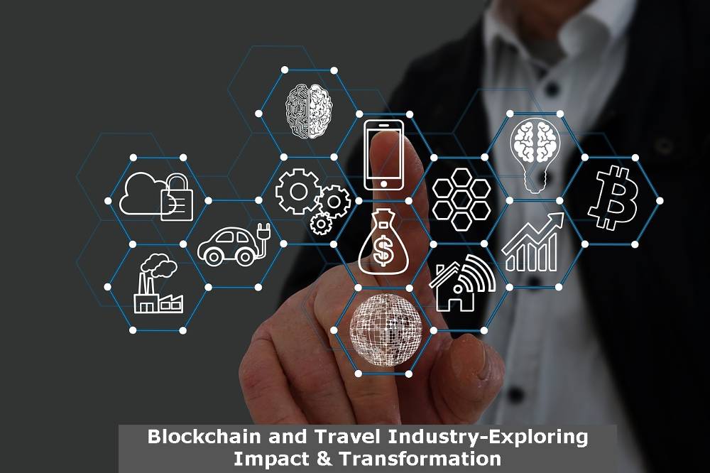 An individual is linking points on a screen to illustrate the interconnectedness of blockchain with various sectors, such as the travel industry.