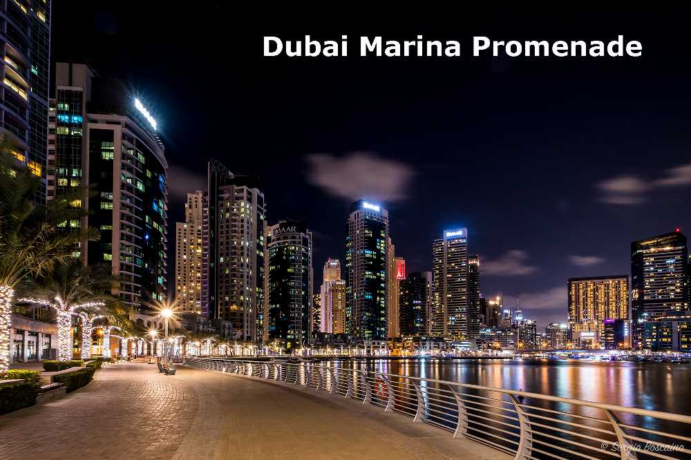 Dubai Marina Promenade recreational free place to visit at night.