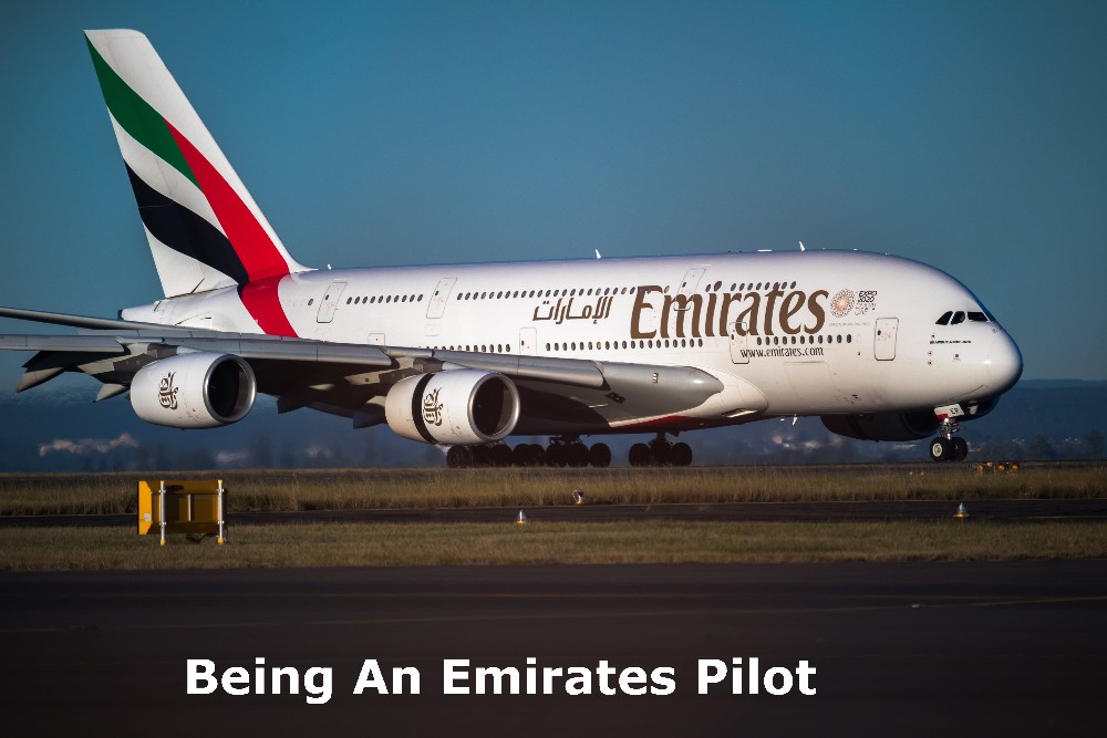 "The picture featuring a stationary Emirates aircraft, exemplifying the ideal airline for pilots to consider working with