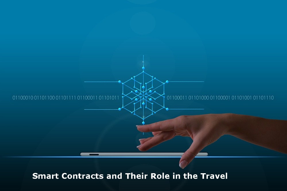 Fingers interacting with a mobile screen against the backdrop of a blockchain diagram showing contracts and their role in travel.