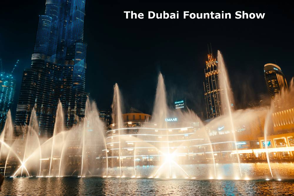 The mesmerizing Dubai Fountain Show captivates viewers during the nighttime for free