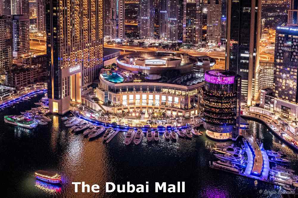 An aerial mesmerizing night view of The Dubai Mall.