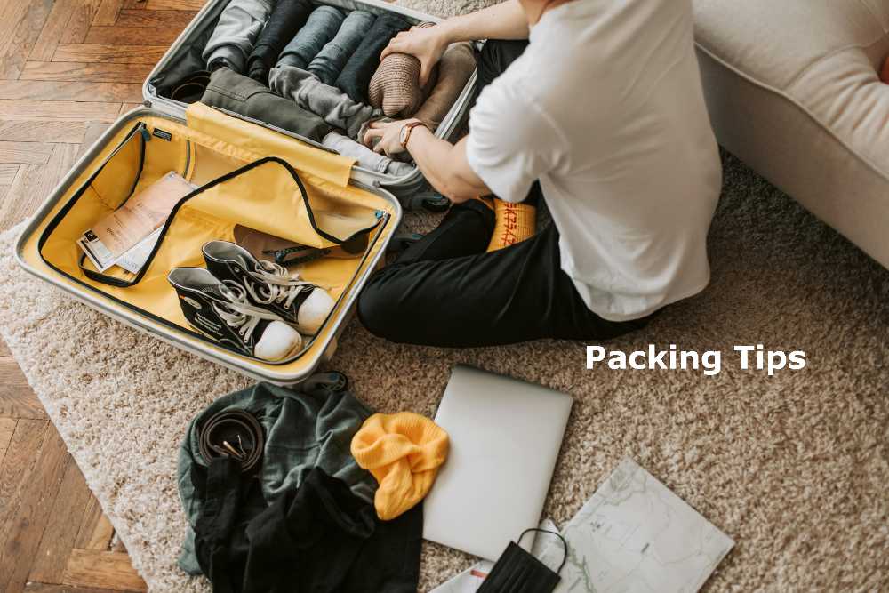 The image depicts someone packing their luggage with ease