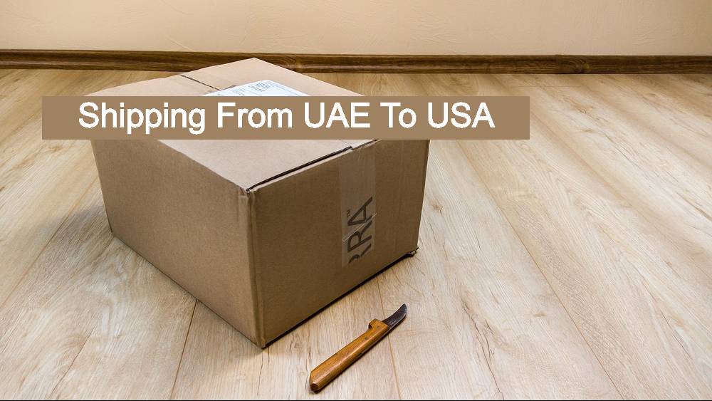 The picture illustrates a prepared package, likely destined for shipping from the UAE to the USA