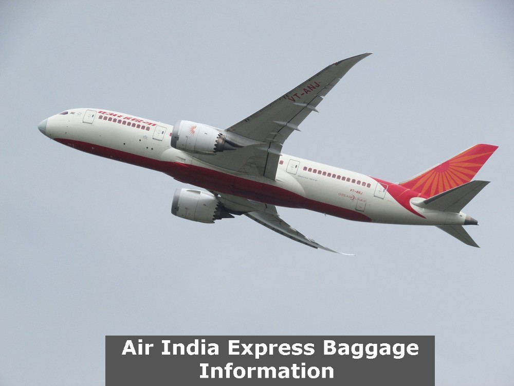 An air india express plane is flying in sky, the image inserted to get people aware of Air India express baggage information 