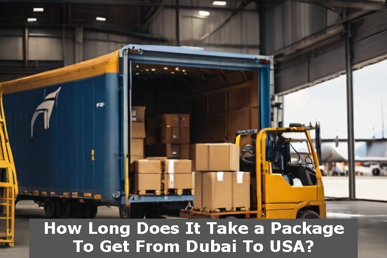 How long does it take for a package to ship from Dubai to the USA, the image showing a container with shipment