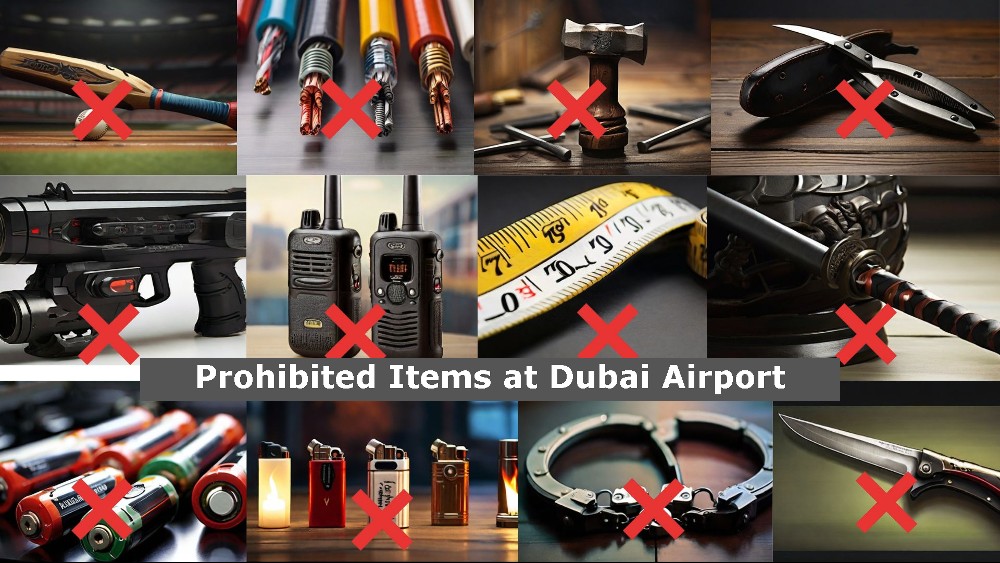the image shows the images of prohibited items at Dubai Airport