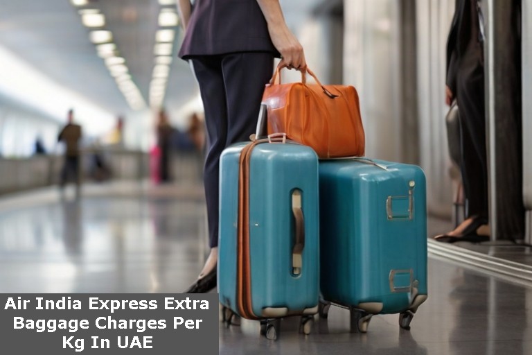 A woman stands with two large suitcases and a carry-on, looking curious. She is interested in learning about Air India Express Extra Baggage Charges Per Kg In UAE