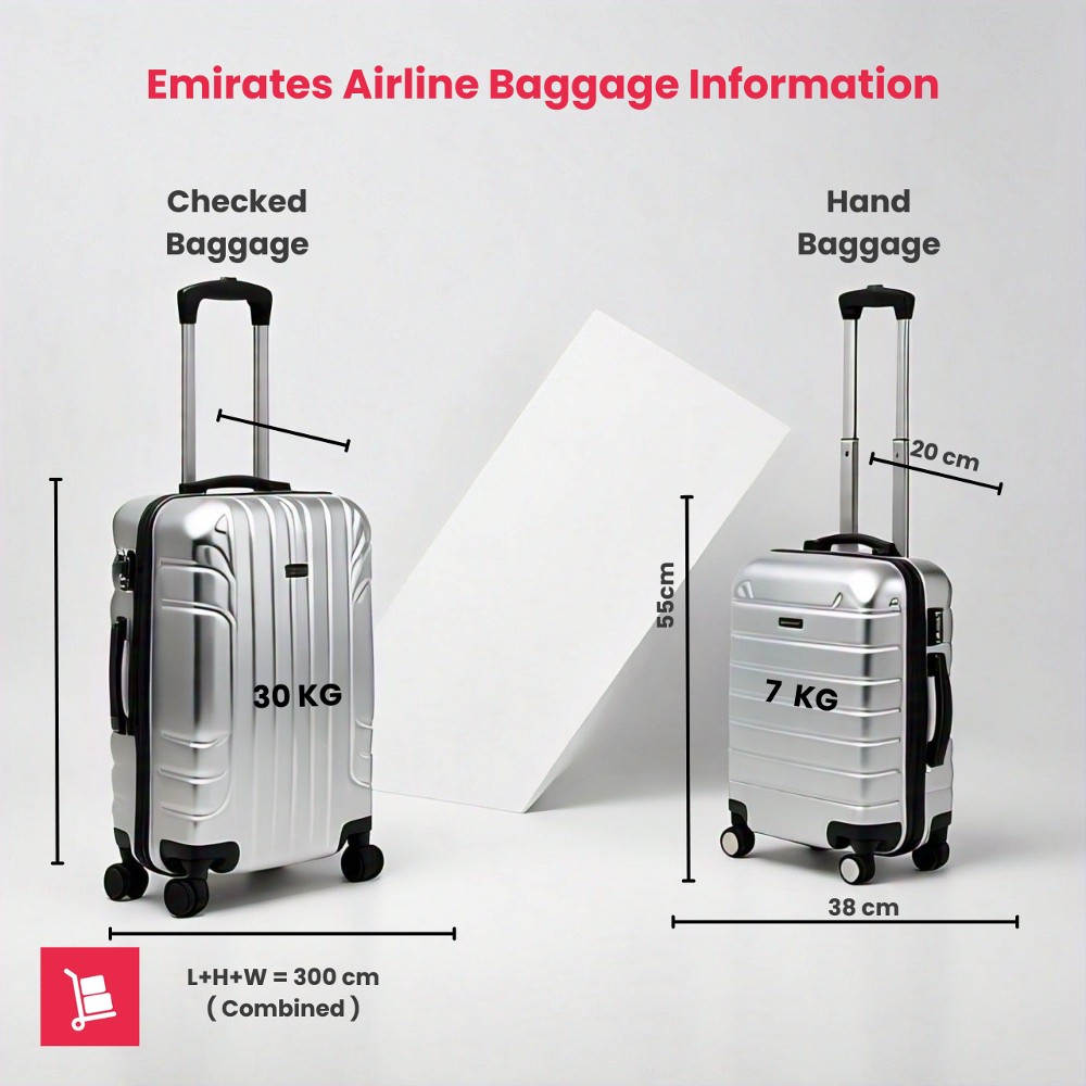 The image displays hand and checked baggage, indicating dimensions for Emirates baggage allowance.