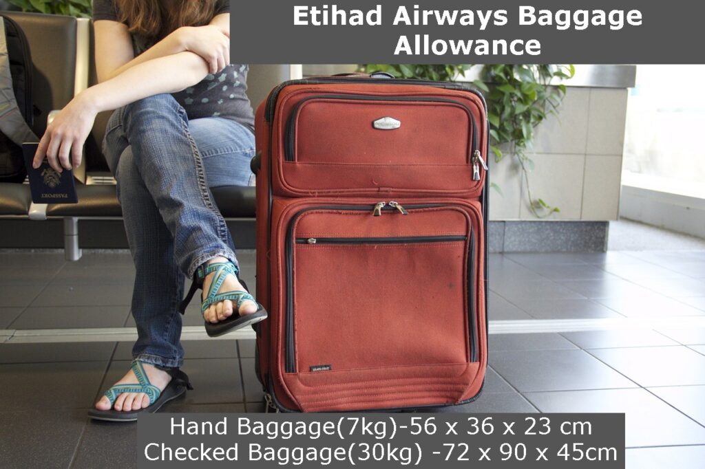 the image shows the dimensions for Etihad Airways Baggage Allowance for economy class