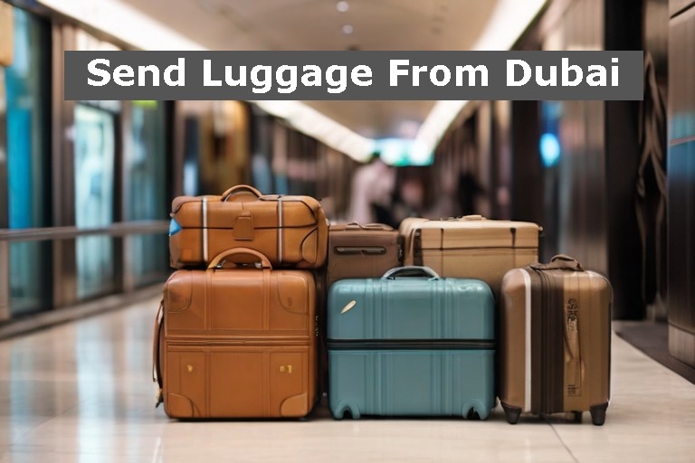 The image showcases neatly packed luggage bags, ready for shipping from Dubai