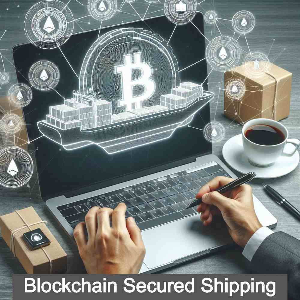 the image showing Blockchain secured Shipping as a man using laptop where shipping is done through blockchain