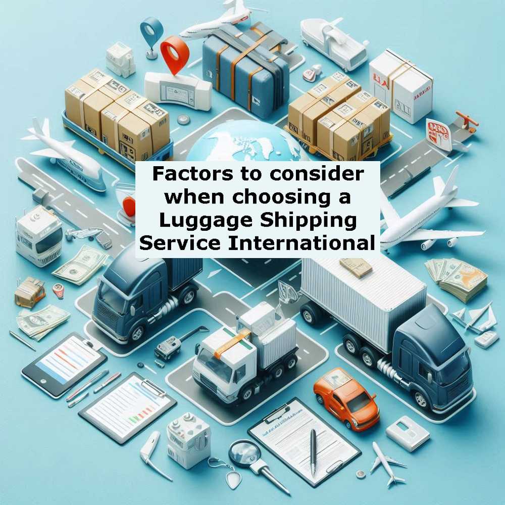 the image depicts various Factors to consider when choosing a Luggage Shipping Service International