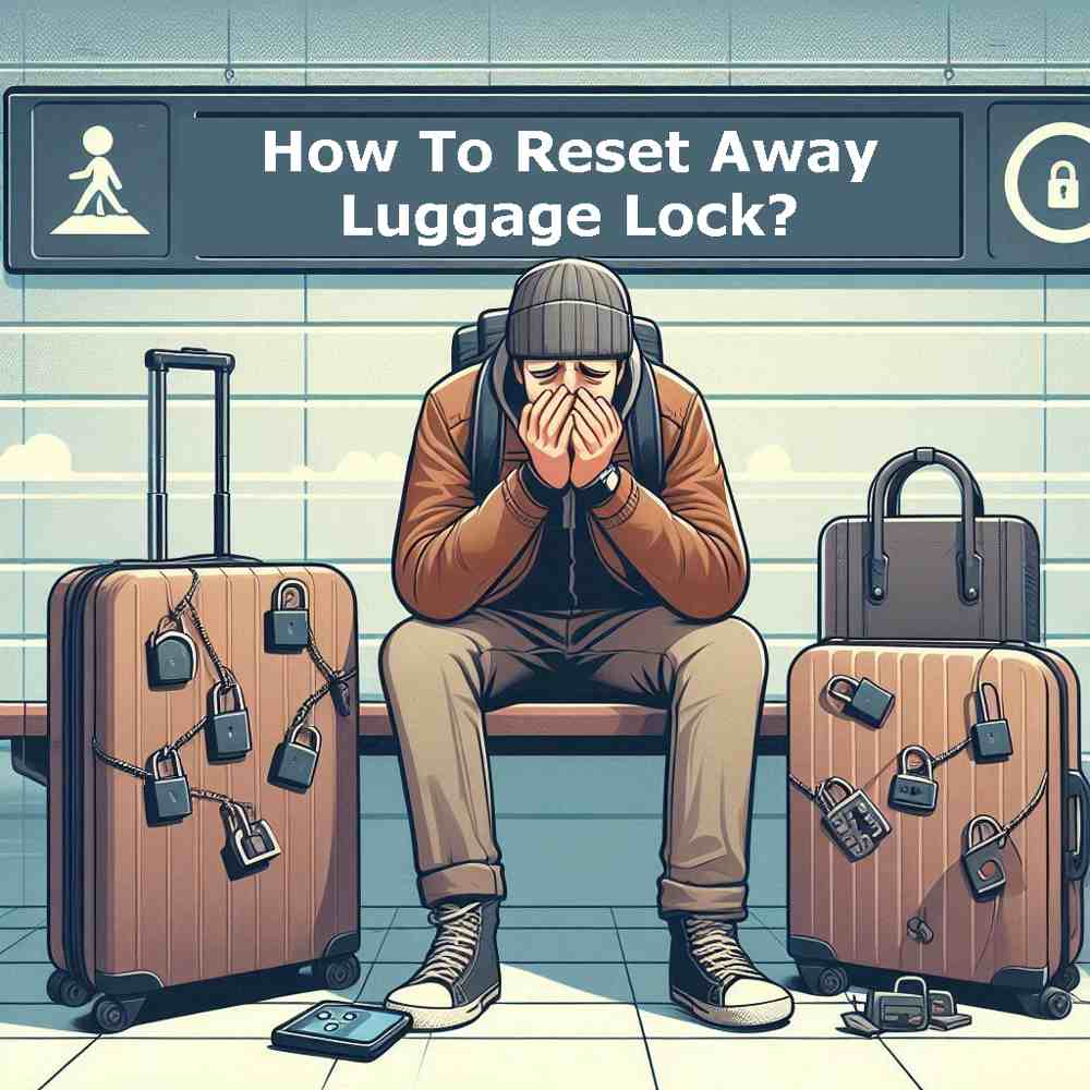 a man is sitting in airport with luggage worried about How To Reset Away Luggage Lock