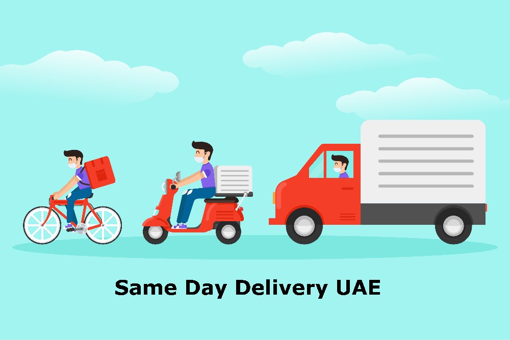 the image depicts Same Day Delivery UAE by showing cycle, bike and courier van.